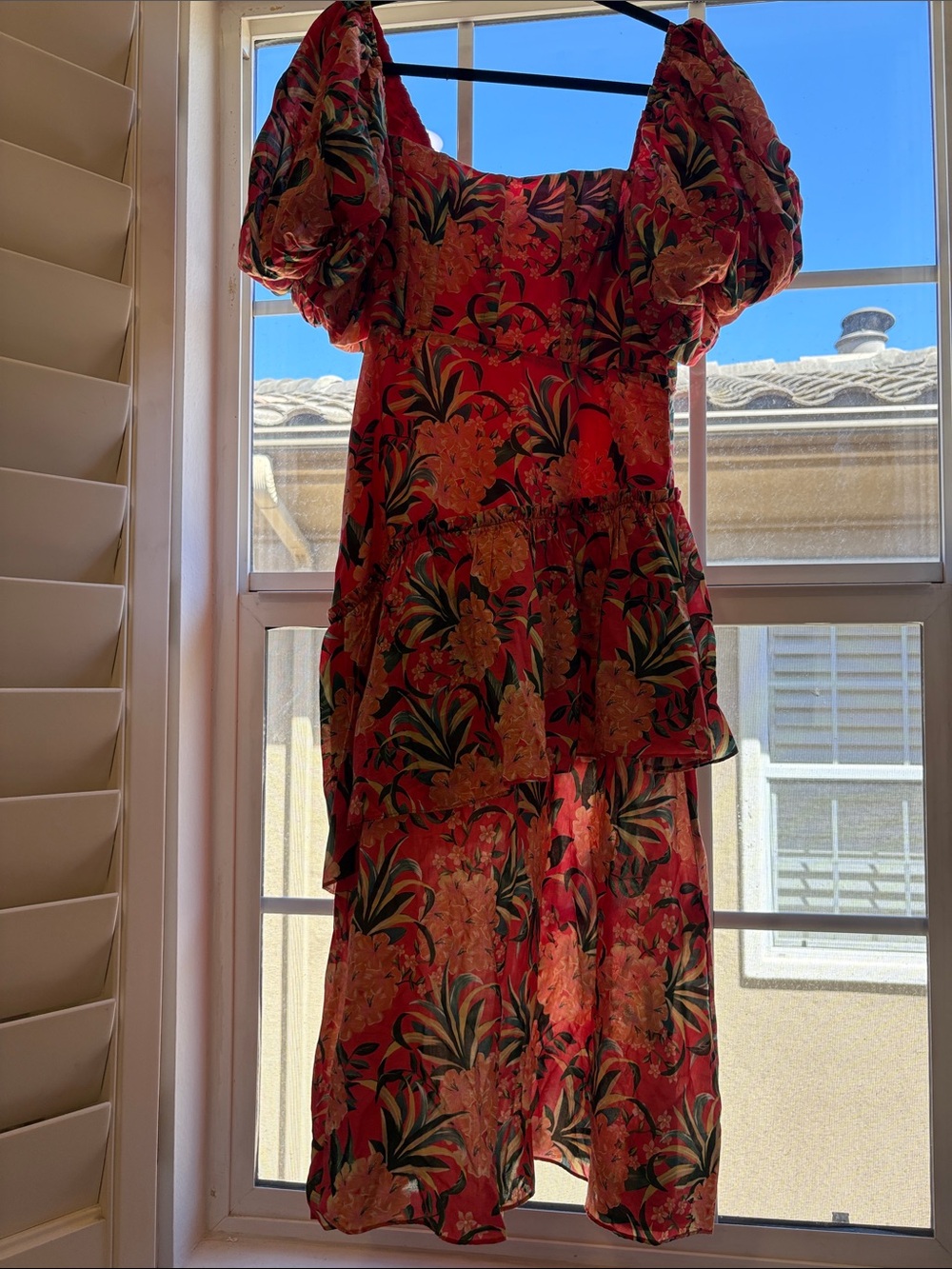 Farm Rio Red Floral Puff-Sleeve Midi Dress